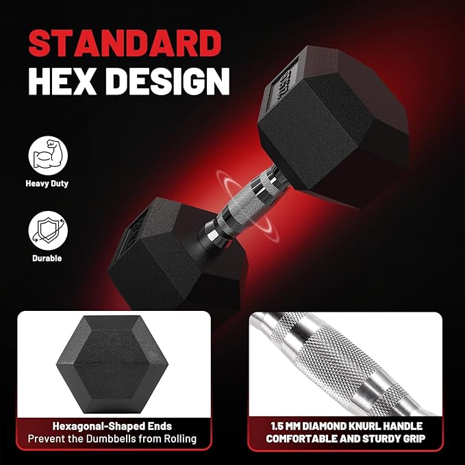 PAPABABE Hex Dumbbell Set with Rack, Rubber Encased Free Weight with Weight Storage Racks, Multiple Weight Options for Home Gym and Fitness