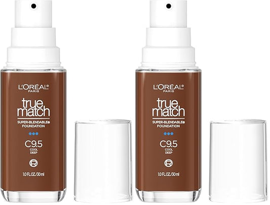 L'Oréal Paris True Match Super-Blendable Foundation, Medium Coverage Liquid Foundation Makeup with SPF 17, C9.5, Deep, 1 Fl Oz (Pack of 2)
