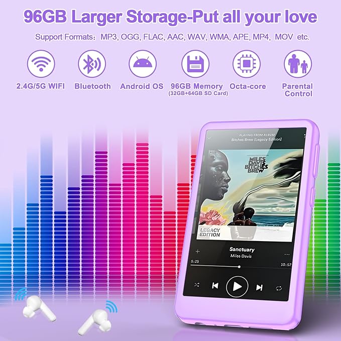 96GB MP3 Player with Bluetooth and WiFi, 4.1" Touch Screen, Silicone Protective case, Octa-core, MP4 MP3 Player for Spotify, Pandora, 96GB Storage Up to 1Tb, Android Music Player for Parental Control