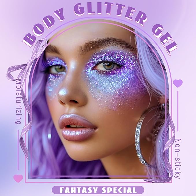 Roll-on Holographic Body Glitter Gel for Face Hair, Chameleon Color Changing Glitter Gel Under Light, Chunky Mermaid Sequins Festival Party Rave Accessories Shimmer Makeup (19# Purple)
