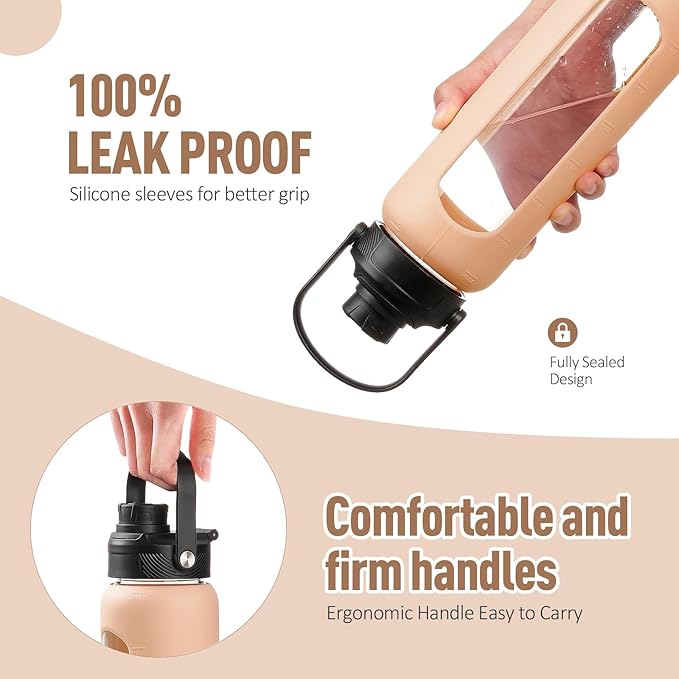 Kodrine Water Bottle with Straw, 24 oz Glass water Bottle with 2 Lids Bamboo Straw Lid and Spout Lid with Handle, 32 oz Clear Water Bottle Glass for Sports Travel, Waterbottle with Time Marker