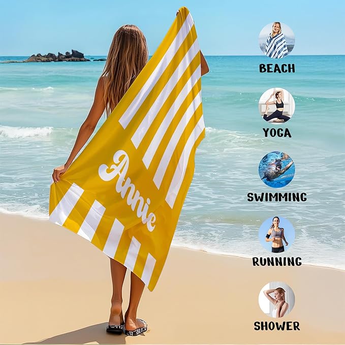 JML Personalized Beach Towel with Name, Custom Cabana Stripe Beach Towel, Customized Microfiber Pool Towel, Quick Dry & Absorbent Swim Towel for Adult,Mother's Day, Birthday, Summer Holiday,Vacation