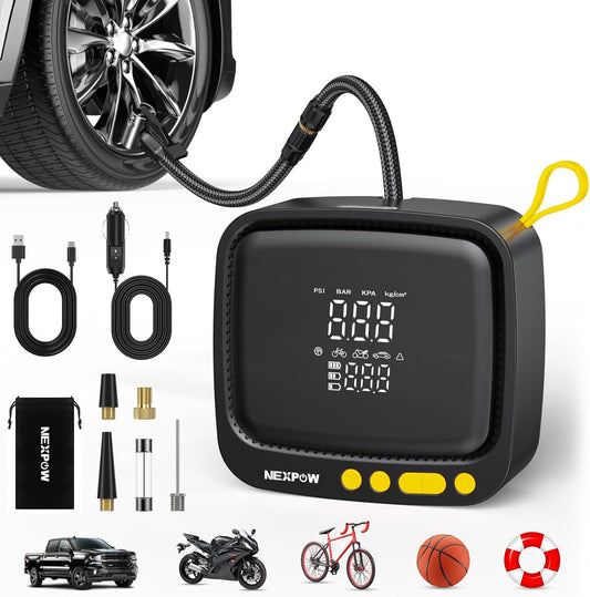 NEXPOW Tire Inflator Portable Air Compressor, 180 PSI Cordless Air Pump for Car Tires with Digital Pressure Gauge & Auto Shut-Off, Air Compressor Portable for Car, Motorcycle, Bicycle, Ball, Yellow