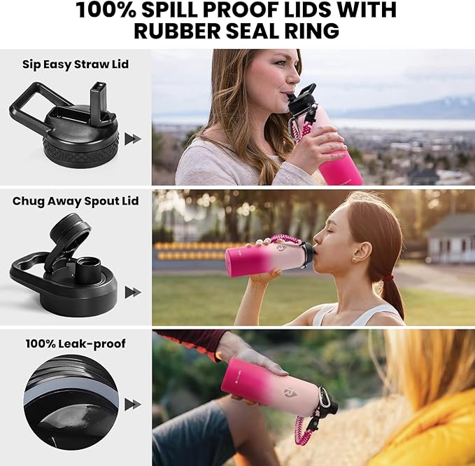 Insulated Water Bottle 40 oz, Triple Wall Vacuum Stainless Steel (Cold for 48 Hrs), Leak Proof & Non-BPA, Modern Water Flask Jug with Paracord Handle & Straw Spout Lids, Ombre Pink