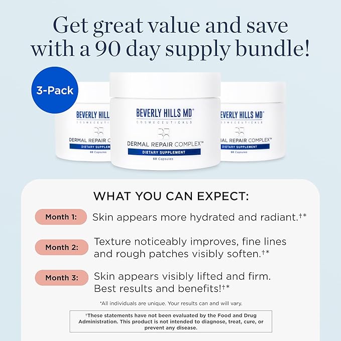 Beverly Hills MD Dermal Repair Anti-Aging Supplement - Hyaluronic Acid, Collagen, Vitamins for Smooth, Plump Skin (3)