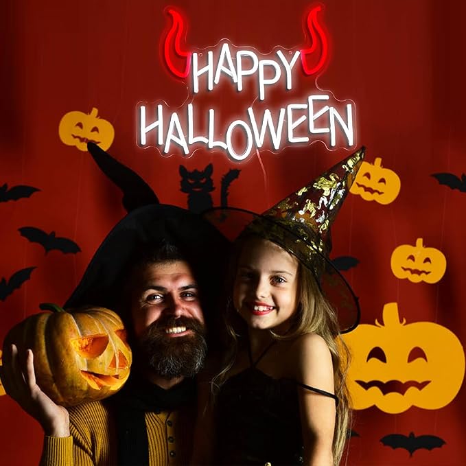 Happy Halloween Neon Sign - Dimmable LED Red Little Corner Light for Wall Decor - USB Powered for Halloween Decoration, Home Spooky Party, Bedroom Decor
