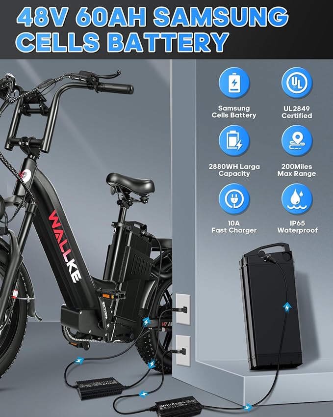 W Wallke H7 AWD Dual Motor Electric Bike for Adult, 48V 60Ah/40Ah Removable Battery, Long Range 32-34MPH Fast Ebike, 20" Fat Tire Mountain Offroad All Terrain Full Suspension E-Bicycle, UL2849 List