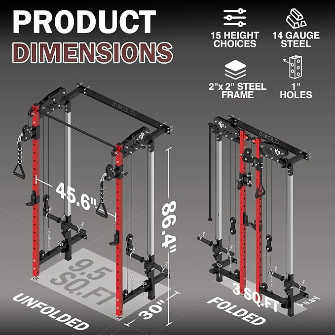 Mikolo Folding Squat Rack, Wall Mounted Power Rack with Cable Crossover Machine & LAT Pull Down, Functional Trainer with 5 Adjustable Function Modes, for Home Gym and Space Saving