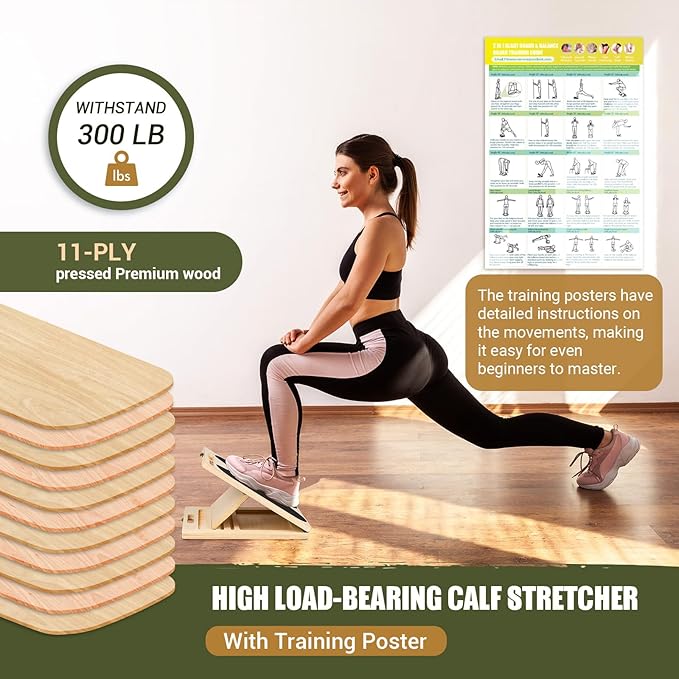 2-in-1 Wooden Slant Board & Balance Board, Portable 6 Angle Adjustable Calf Stretch Board with Training Poster, 300lb Weight Capacity Calf Ankle Stretcher for Physical Therapy, Squat & Core Strength