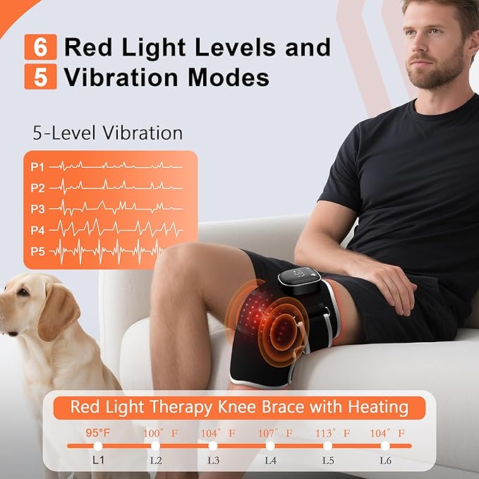 RAYOCON Red Light Therapy for Knee:Knee Massager with 6 Heat and 5 Vibration Infrared Red Light Therapy for Body Pain Relief Cordless Rechargeable Infrared Light Therapy Heated Knee Brace