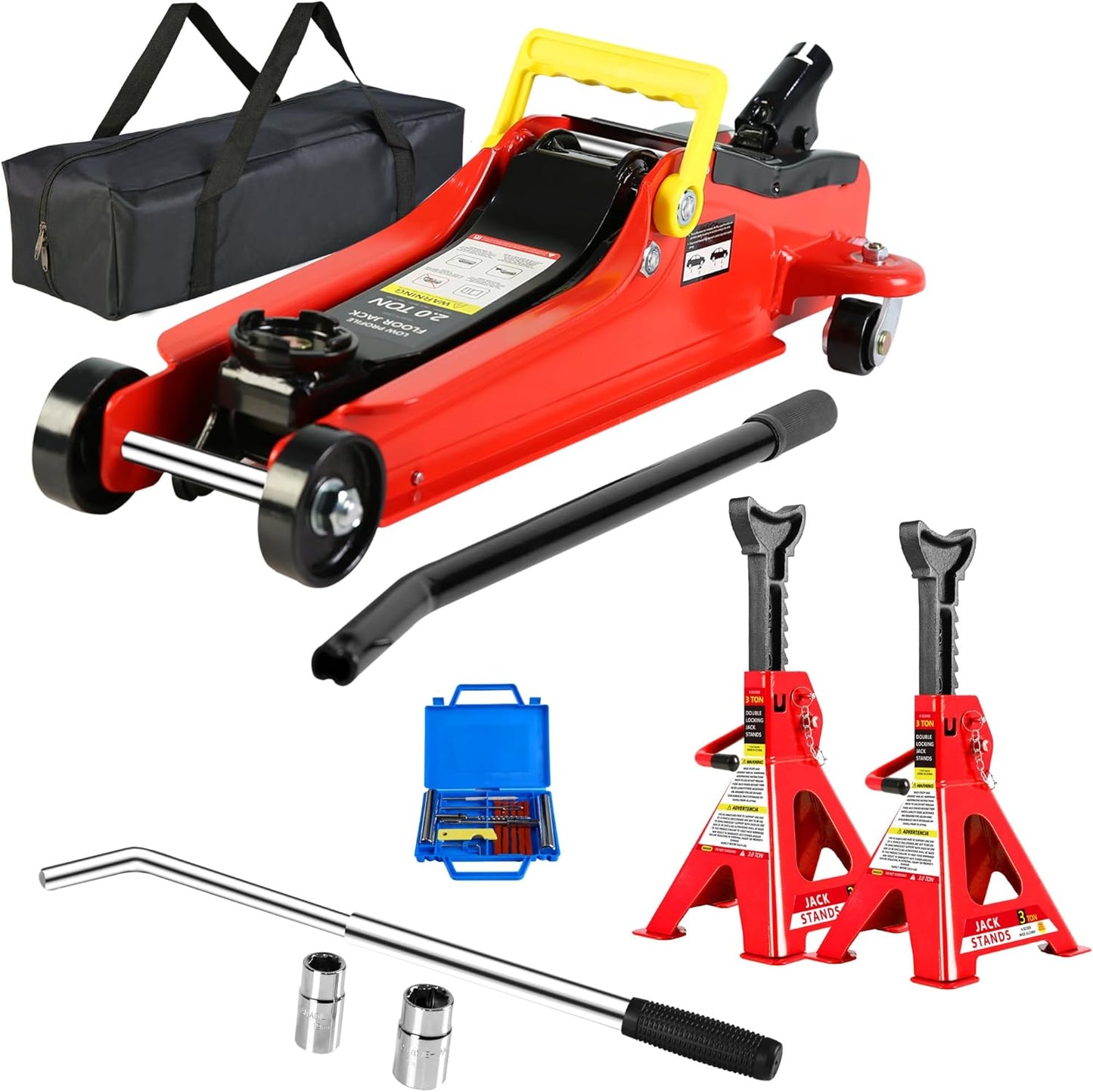 5 Piece Car Truck Floor Jack Service, Hydraulic Trolley Floor Jack & Jack Stands & Tire Repair Kit & L-Wrench for Garage, Repair Shop, DIY, Lift Range 3.3"-15.2", 2 Ton/4000 LBS Capacity, Red