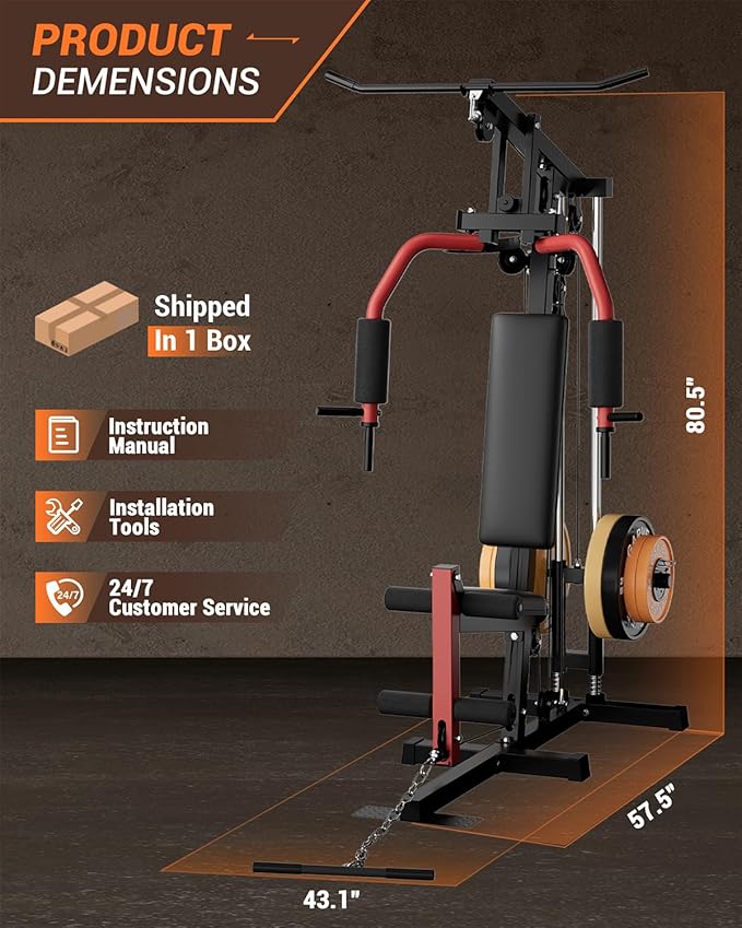 Multifunctional Home Gym Equipment with Lat Pulldown, Exercise Workout Station with Leg Press,Max 300LBS Capacity Home Gym Mahcine for Full Body Strength Training,Fit 1" & 2" Weight Plates(No Include)