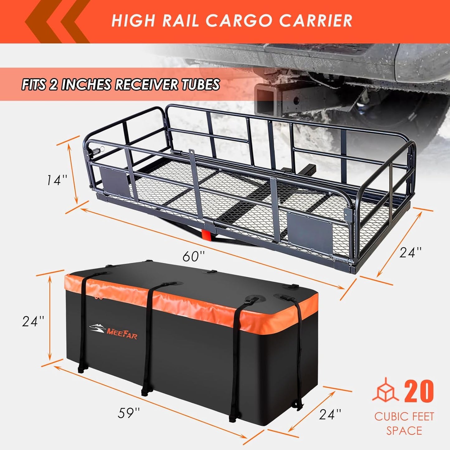 MeeFar High Rail Trailer Folding Hitch Mount Cargo Carrier Basket 60" X 24" X 14"+Waterproof Cargo Bag 20 cu ft(59" 24" 24"), Capacity of 500 Lbs with Hitch Stabilizer, Net, Lock and Straps