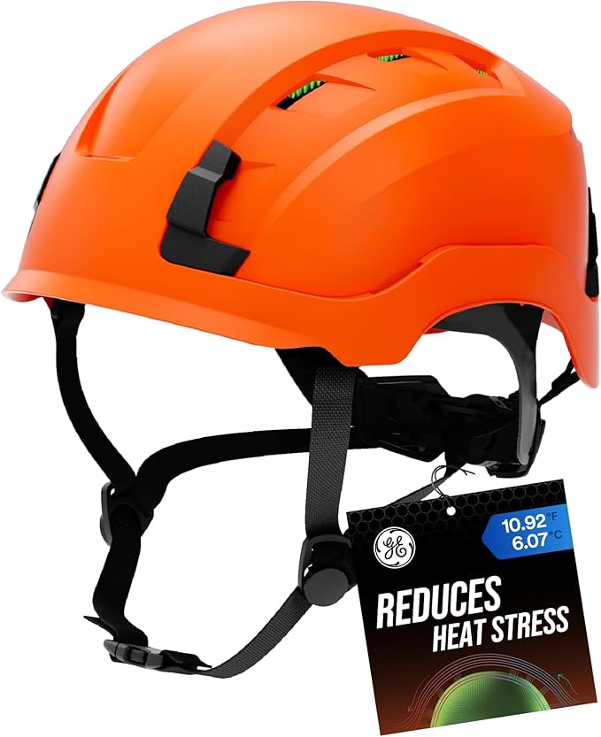 GE Safety Helmet, Impact Absorbing Tech, Adjustable Ratchet, ANSI Type 1, Memory Foam Padding, Hard Hats Protection, Lightweight, Durable, Chin Strap, Comfortable Fit OSHA Approved