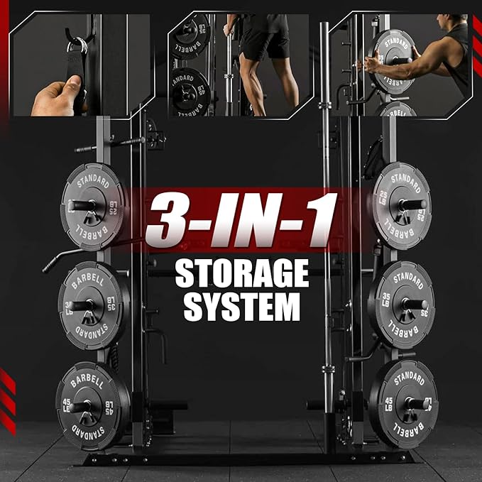 Mikolo Smith Machine, Multi-Function Power Cage with Dual Pulley System, Vertical Leg Press Attachment, Squat Rack Power Rack with More Training Attachment for Home Gym