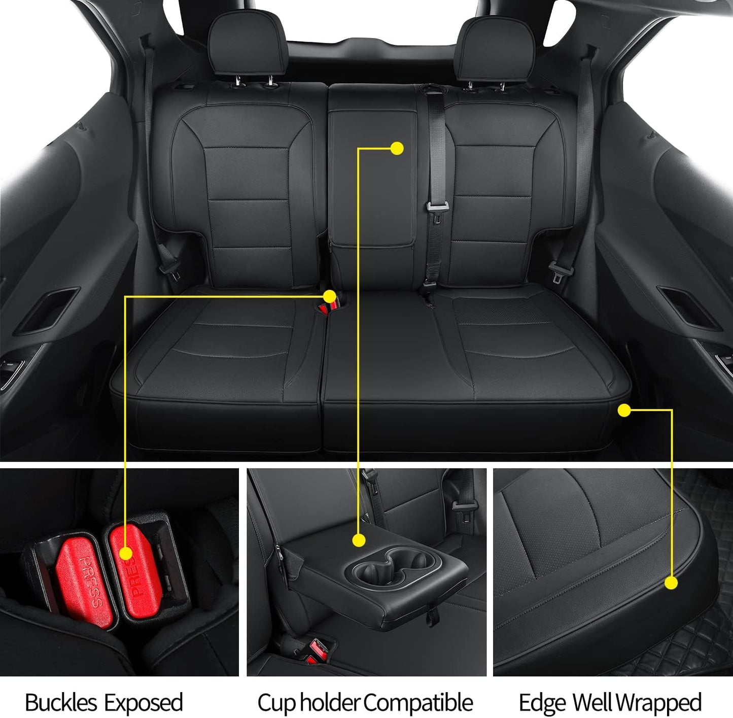 RISINGSTAR Terrain Seat Covers, fit for 2018-2024 GMC Terrain SUV with Rear Split Seats, Water Proof Faux Leather(Full Set, Black)