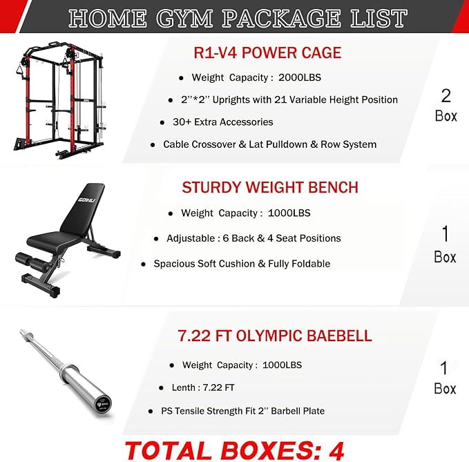 R1-V4 Power Cage Rack, 2000LB Squat Rack with Cable Crossover System, Multi-Function Weight Cage, Home Gym Workout Machine with More Training Attachments