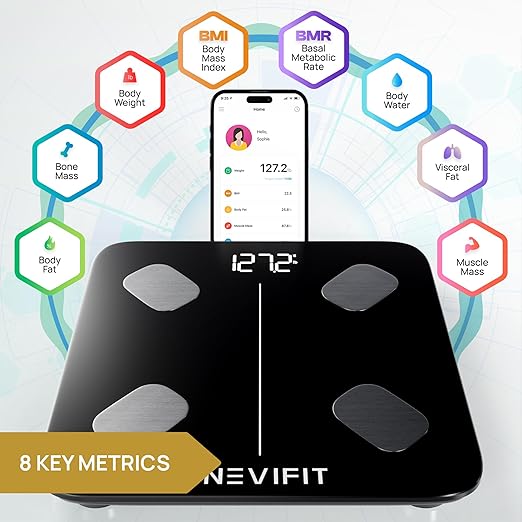 INEVIFIT Smart Body Fat Scale, Highly Accurate Bluetooth Digital Bathroom Body Composition Analyzer, Measures Weight, Body Fat, Water, Muscle, Visceral Fat & Bone Mass for Unlimited Users (Eco-Blk)
