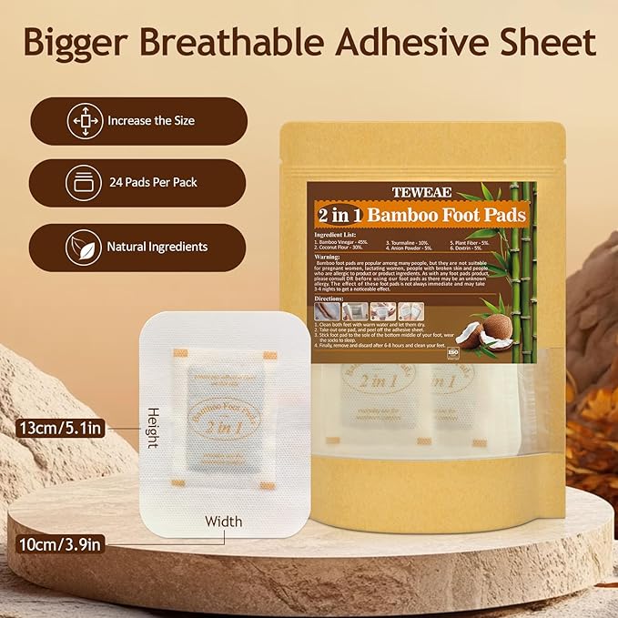 2 in 1 Foot Pads, 24Pads Bamboo Vinegar Coconut Shell Powder Feet Pads with ''Stay in Place'' Bigger Adhesive Sheet