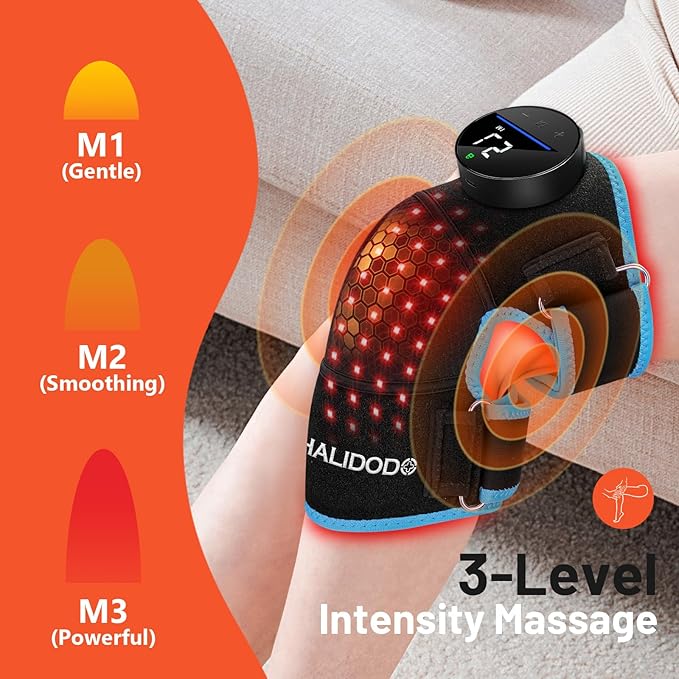 HALIDODO Red Light Therapy & Vibration Massage Knee Brace - Wireless Rechargeable Controller, 660nm&850nm Red Light Therapy Heated Device for Knee/Joint/Elbow/Shoulder Pain Relief, Blue.