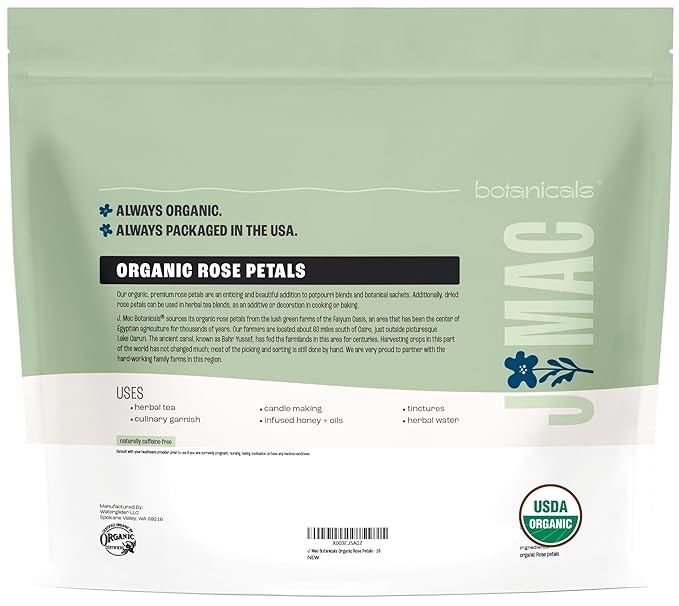 J MAC BOTANICALS Organic Rose Petals, (16 oz - Bulk 1 Pound) Certified USDA Organic, edible, culinary grade dry rose petals, rose petals for herbal tea, cooking and crafts