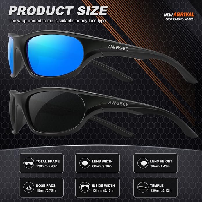 Polarized Sports Sunglasses for Men,TR90 Unbreakable Frame Sunglasses for Fishing Driving Cycling UV400 Protection