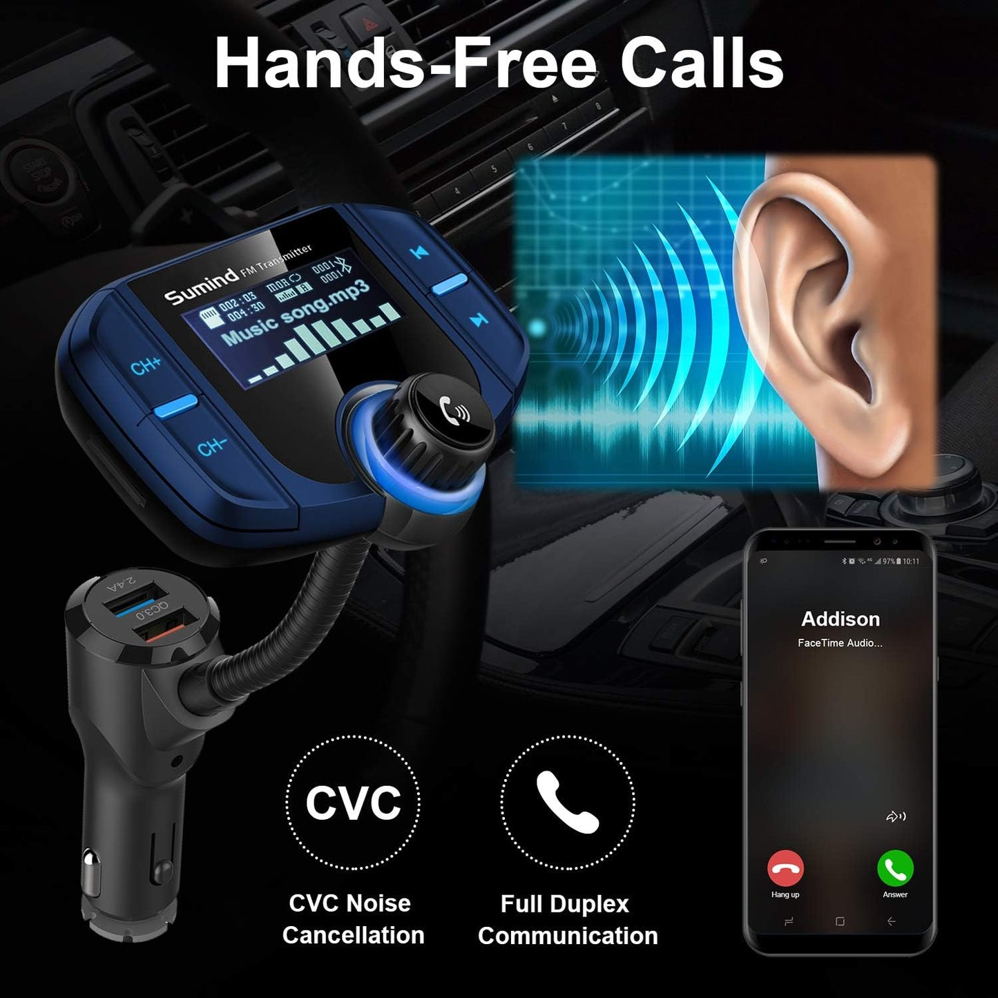 Upgraded Bluetooth FM Transmitter, Wireless Radio Adapter Hands Free Car Kit with 1.7'' Display, QC3.0 and Smart 2.4Amp Dual USB Ports, AUX Input/Output, TF Card Mp3 Player (Normal, Blue)