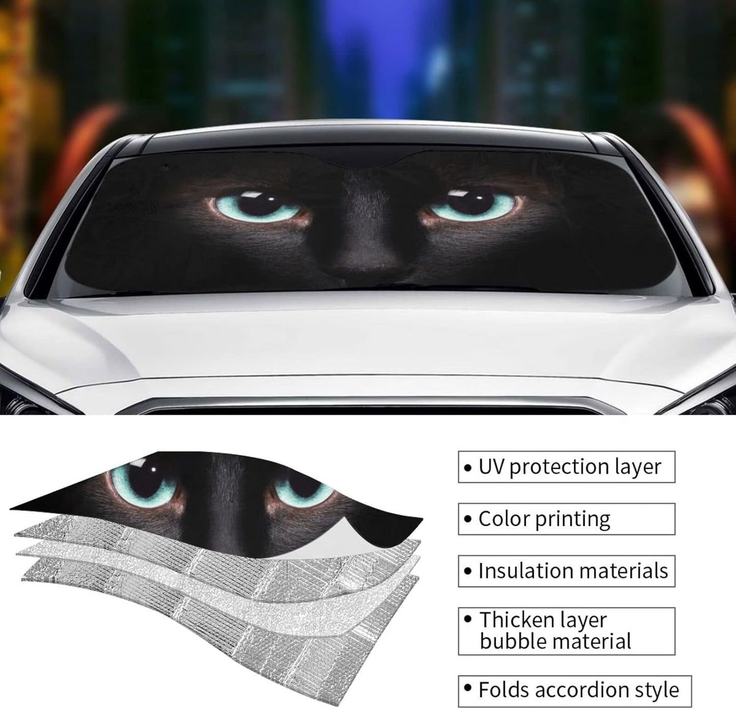 Black cat Eyes Car Windshield Sunshade Front Window Sun Visor Protector Foldable Shield Cover for Truck SUV