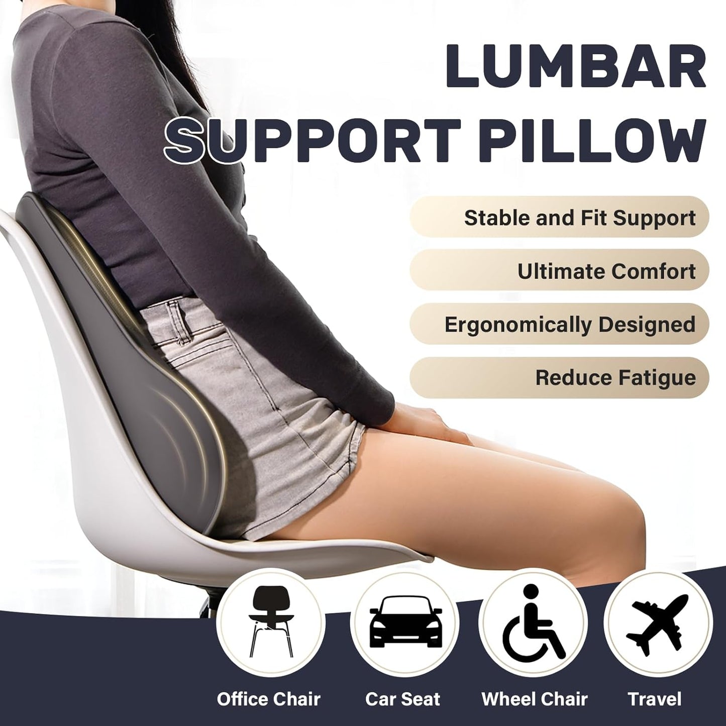 Coverado Lumbar Support Pillow for Car, Ergonomic Memory Foam Back Pillow for Office Chair, Back Cushion for Back Pain Relief, PU Leather Car Lumbar Support for Driving Seat - Gray