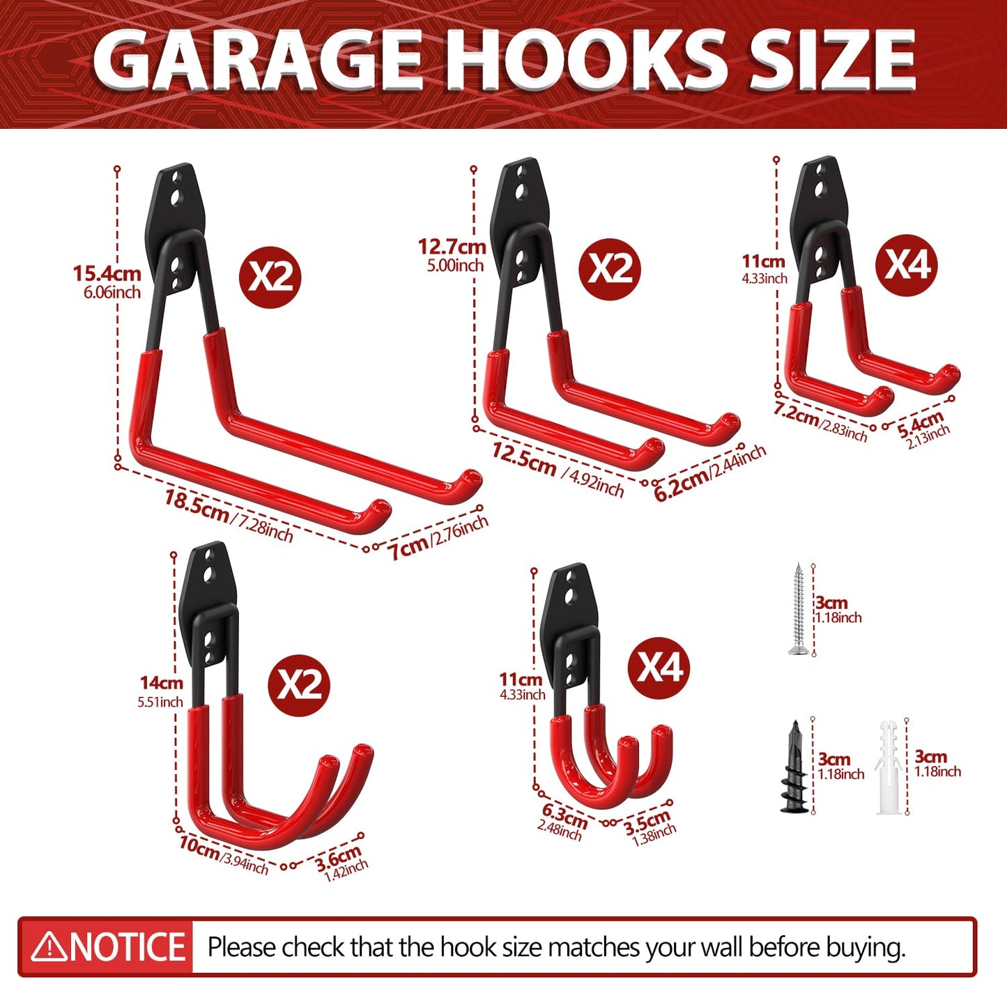 3-H Garage Wall Hooks 14 Pack,Garage Hooks Heavy Duty with Extra Welding Spots,Garage Hooks for Hanging,Garage Organizer for Garden,Lawn,Yard Tools,Chairs,Ladders,WeedEater,Shovel,Blower(Red)