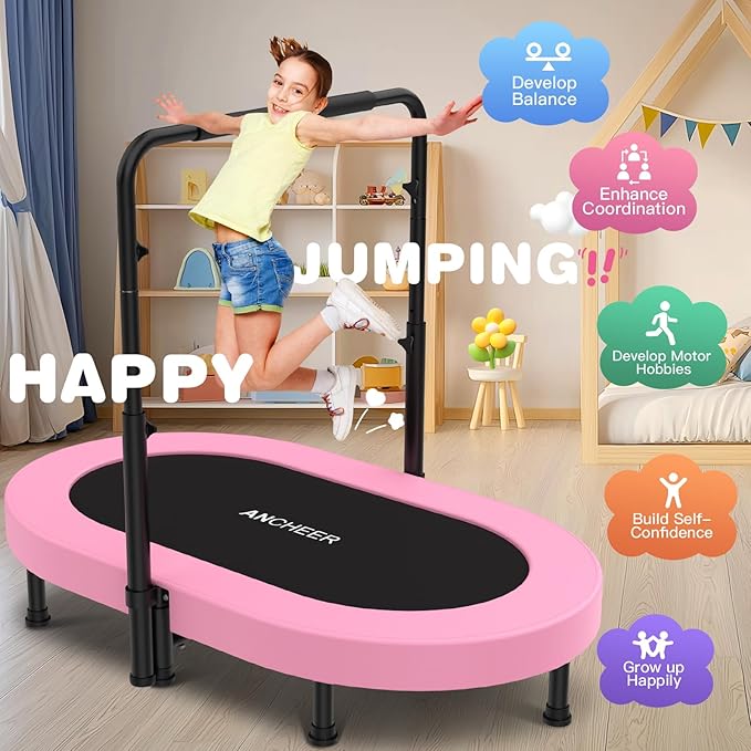 ANCHEER 56" Double Mini Trampoline for Kids, Mini Rebounder with 5-Level Adjustable Handle, Parent-Child Trampoline for Kids, Max Load 220lbs, Fun for Indoor/Outdoor