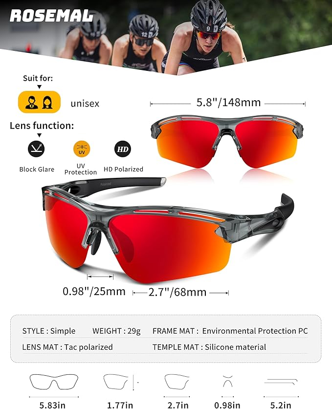 Polarized Sports Sunglasses for Men Women,UV400 Protection Sunglass for Running Cycling Fishing Hiking TR90