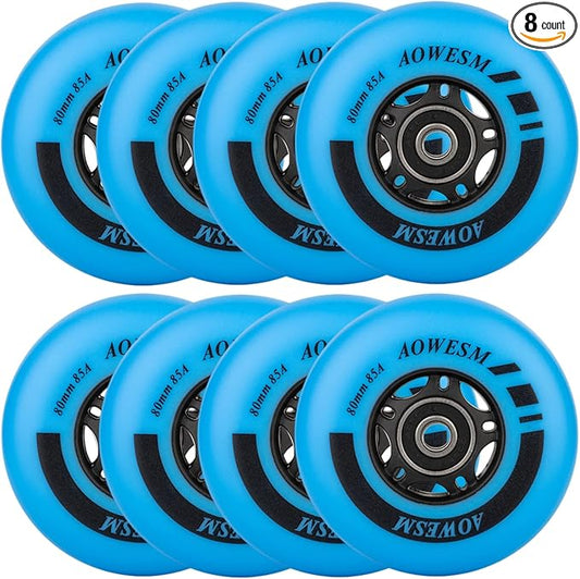 AOWESM Inline Skate Wheels 80mm 76mm 72mm 85a Outdoor Indoor Black Blue Red Roller Hockey Blades Replacement Wheels w/Bearings ABEC-9 and Floating Spacers (8-Pack)