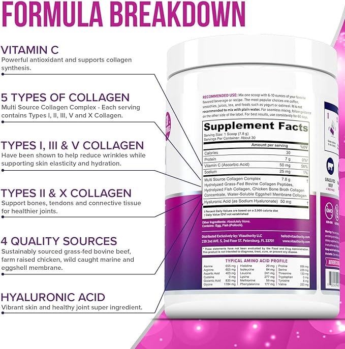 Multi Collagen Peptides Powder for Women - Hydrolyzed Unflavored Collagen Powder for Women with Types I II III V & X Plus Vitamin C & Hyaluronic Acid for Beautiful Hair Skin and Nails - 30 Servings