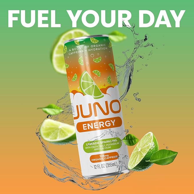 JUNO ENERGY Limeade Sparkling Energy Drink - Sugar Free Electrolytes, Energizing and Hydrating with 125mg Organic Caffeine from Green Coffee Beans, Organic Monk Fruit, Lime Juice & Electrolytes - Vegan, Gluten Free, 12 Pack