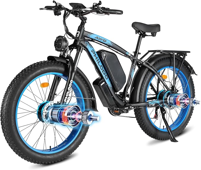 PHILODO 5000W Dual Motor Ebikes for Adults, 60V 26AH Battery Electric Bike, 26x4 Fat Tires for All Terrain Dirt Bike with 21-Speed Gear Electric Mountain Bike Electric Bicycle