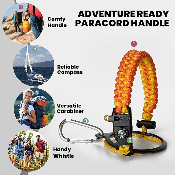 Insulated Water Bottle 64 oz, Triple Wall Vacuum Stainless Steel (Cold for 48 Hrs), Leak Proof & Non-BPA, Half Gallon Water Flask Jug with Paracord Handle & Straw Spout Lids, Ombre Orange