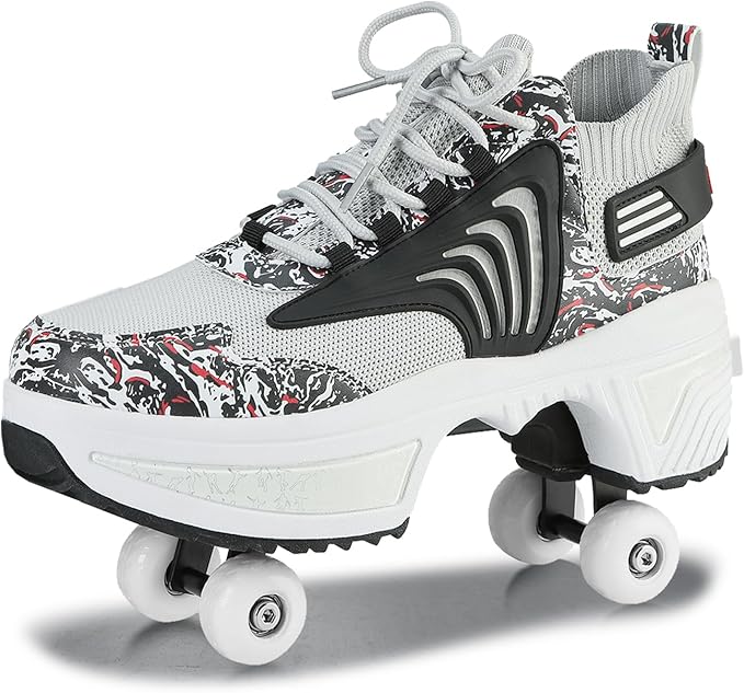 Roller Skate Shoes for Women Four Rounds Children's Roller Skates Shoes That Turn into Rollerskates Sneakers Outdoor Light Shoes with Wheels for Girls/Boys