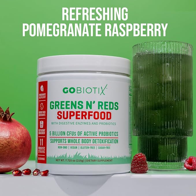 GOBIOTIX Super Greens and Reds Powder - Red and Green Superfood - Probiotic Supplement - Digestive Enzymes and Beet Root Powder - Organic Whole Foods Dietary Supplement (Pom Raspberry, 1 Pack)