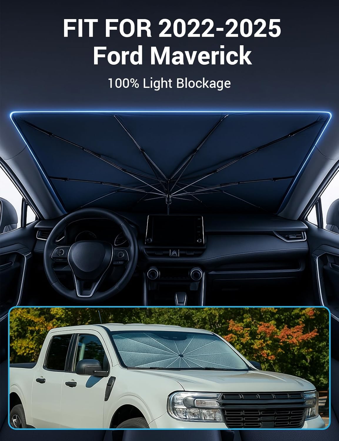 Proadsy Windshield Sun Shade Umbrella for Ford Maverick 2022-2025 2026 Foldable Car Umbrella Sunshade with Soft TPU Handle Spring Structure Crystal Cooling Material Protect Car from Rays & Heat