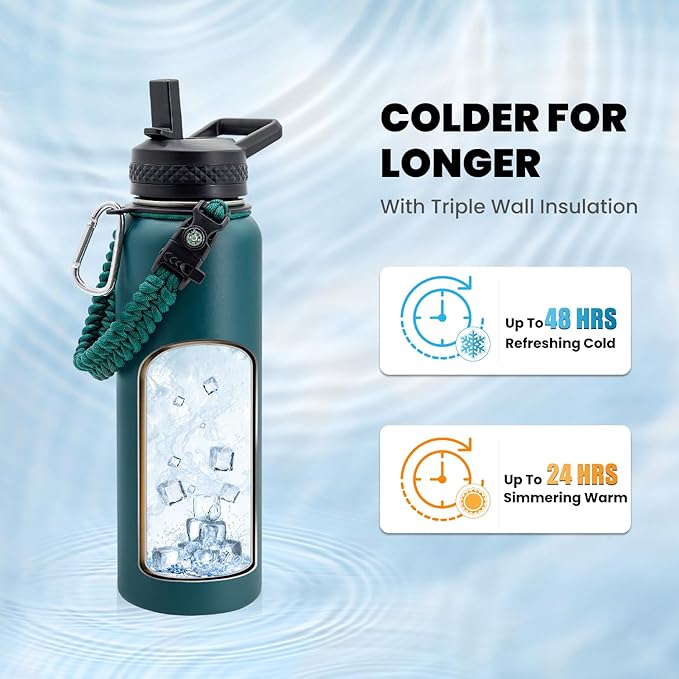 Insulated Water Bottle 40 oz, Triple Wall Vacuum Stainless Steel (Cold for 48 Hrs), Leak Proof & Non-BPA, Modern Water Flask Jug with Paracord Handle & Straw Spout Lids, Dark Green