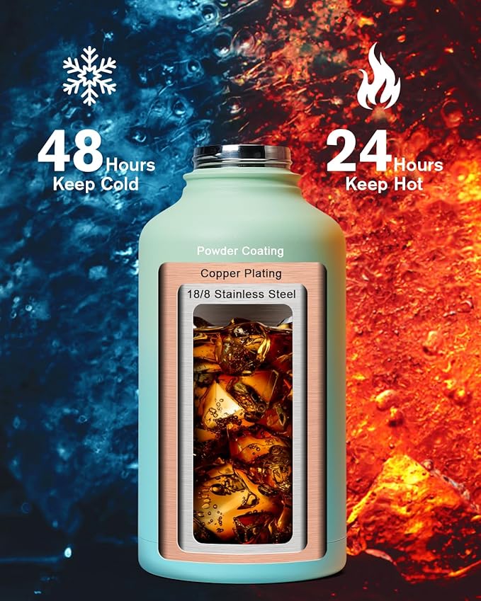 Insulated Water Bottle 64oz,Half Gallon Water Flask Stainless Steel Vacuum, Cold for 48 Hrs,BPA-Free & Leakproof -with Paracord Handle, Strap,Straw Spout Lids,Large Jug for Gym Sports,Green