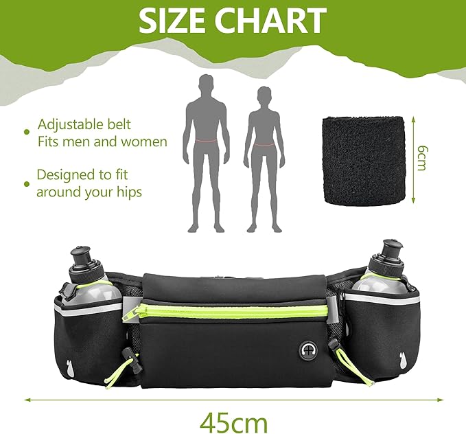 Hydration Running Belt for Women & Men with 2 Water Bottles – Water-Resistant Waist Pack & Phone Holder, No-Bounce Fit for Running, Hiking, Workouts – Bonus Sweatband, Fits All Phones