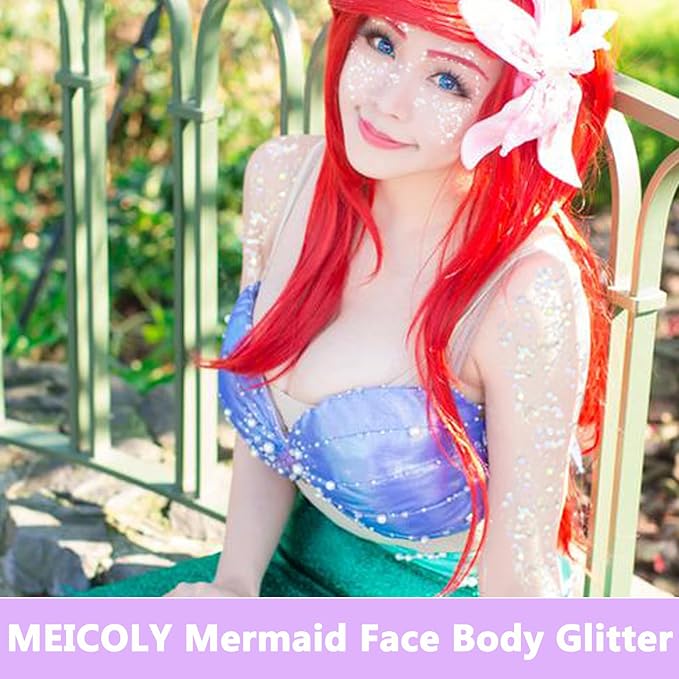 MEICOLY Clear White Body Glitter,Mardi Gras Face Glitter Makeup for Kids Women,Face Glitter for Running,Sparkly Chunky Hair Glitter,Singer Concert Festival Rave Accessories,Mermaid Glitter Face Paint