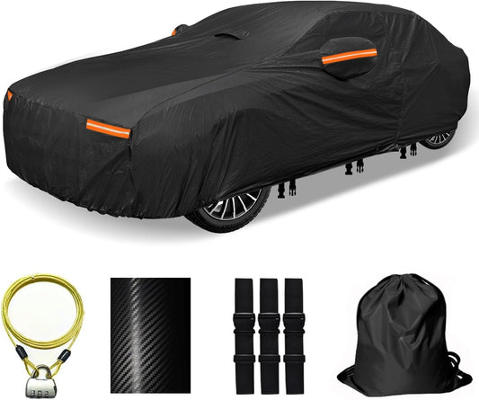 30 Layers Car Cover for Automobiles All Weather Waterproof, Outdoor Snowproof UV Protection Windproof, Door Zipper, Soft Cotton, Heavy Duty Universal Car Covers, (Black, Fit Sedans 181"-190")