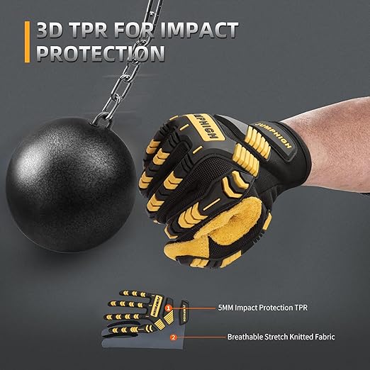 JUMPHIGH Work Gloves for Men, Heavy Ducty TPR Protector Impact Gloves, Anti Vibration, Abrasion Resistance, Flex Grip, Touch Screen (M)