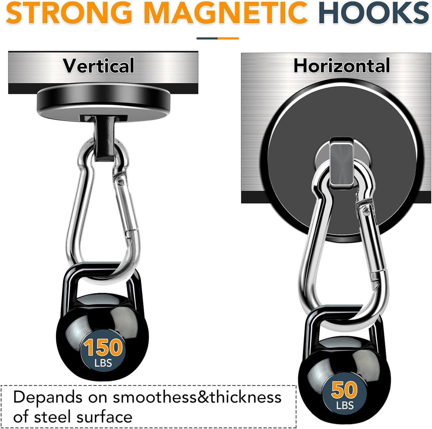 MIKEDE Strong Magnetic Hooks, 150LB Neodymium Black Magnets Heavy Duty with Swivel Carabiner Hook, Magnets with Hooks for Locker, Kitchen, Cruise Cabin, Office - 10 Pack