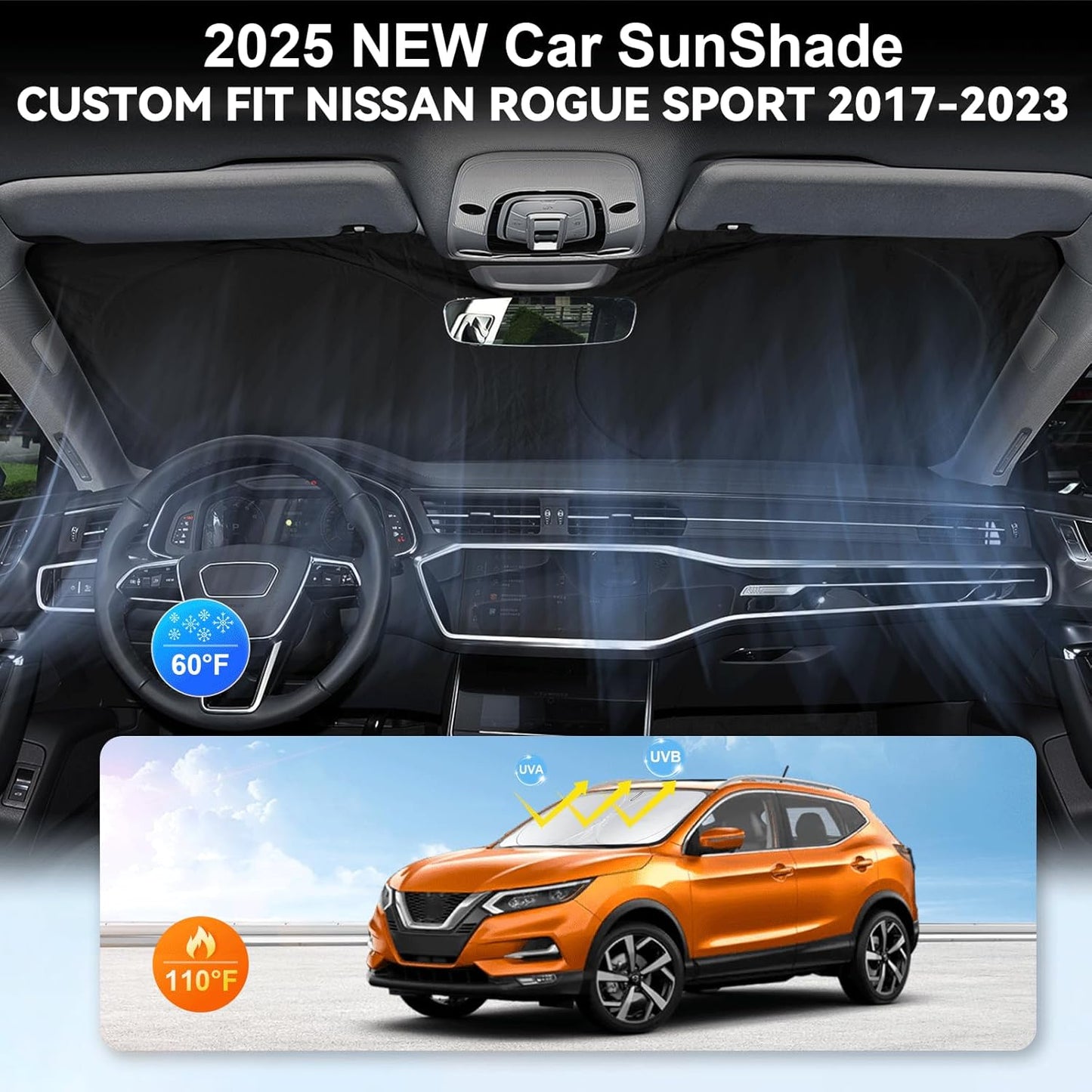 Custom Fit Rogue Sport Windshield Sunshade for 2017-2024 Nissan Rogue Sport Accessories (Not for Rogue) Front Window Car Sun Shades Shield Cover for Windshield Sun Visor Protector Blocks UV Rays