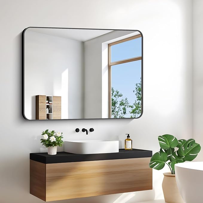 30x40 inch Bathroom Mirror,Black Rectangle Mirror,Wall Mounted Bathroom Frame Vanity Mirror with Round Corner for Bedroom Living Room, Entryway Hangs Horizontal or Vertical