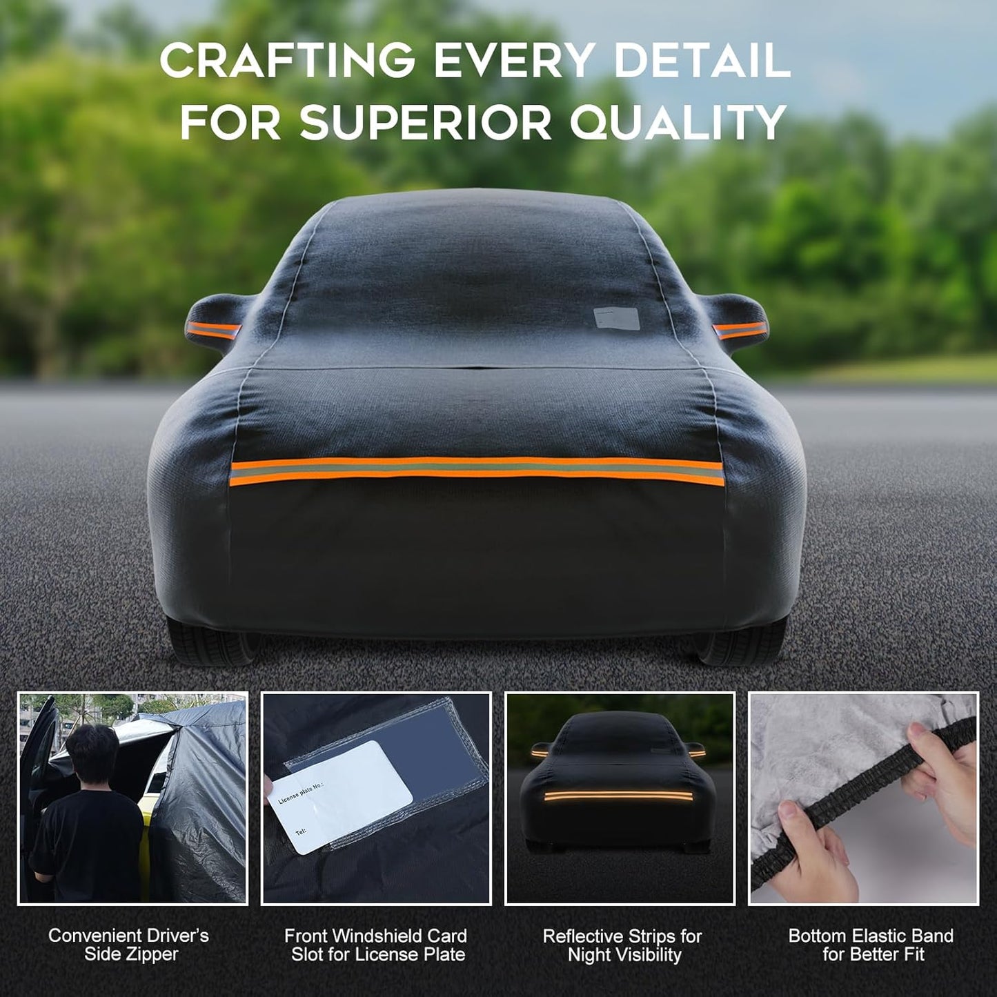 Sedan Car Cover Waterproof All Weather for Automobiles，Outdoor Heavy Duty Full Exterior Covers with Zipper Door, Rain Sun Snow Dust UV Protection, Windproof Straps & Reflective Strips(Up to 189")